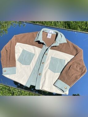 Corduroy Colorblock Button-Up Shirt Jacket - Light Blue, Cream & Brown